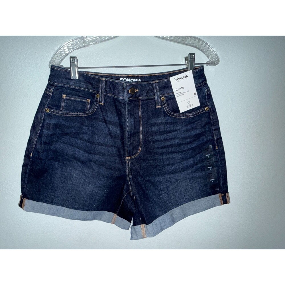 Sonoma High Rise Denim Shorts Womens Size 8 Blue Dark Wash Cuffed Stretch NWT